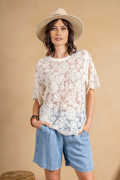 Embroidered Lace Short Sleeve Crew Tee