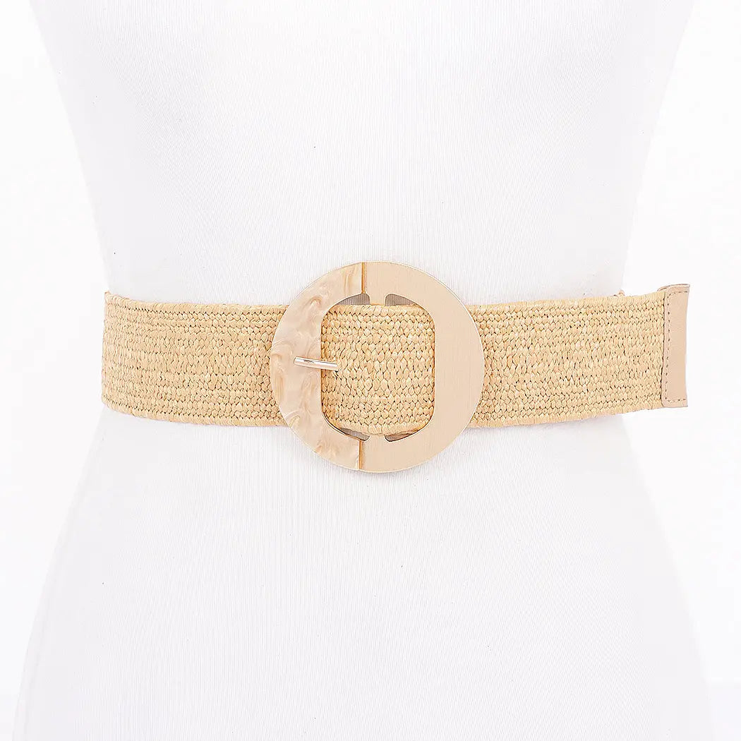Faux Straw Marble Metal Buckle Stretch Belt