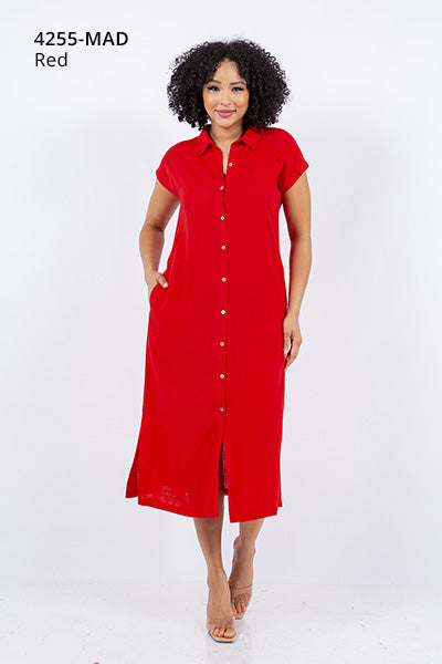 Linen Cap Sleeve Button Front Midi Dress