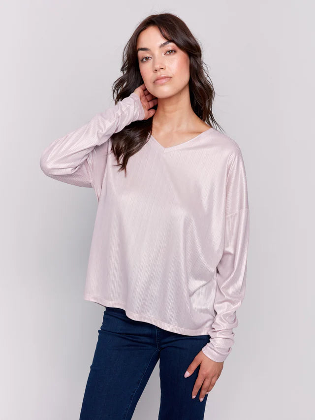 Foiled Knit Top With V Neck