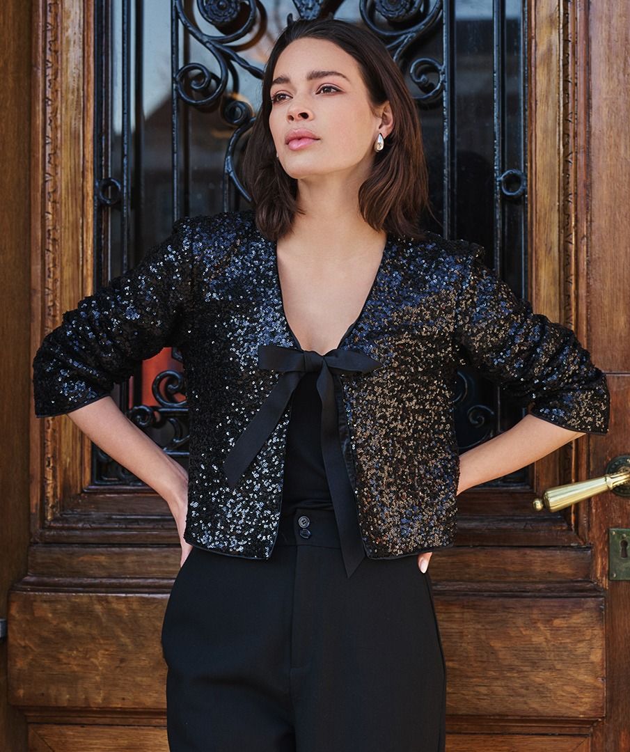 Sequin Bolero With Ribbon Tie