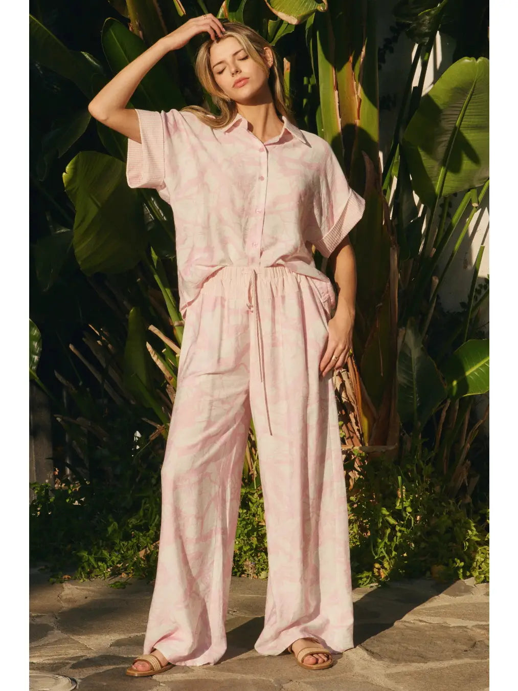 Relaxed Short-Sleeve Top & Wide-Leg Pants Set
