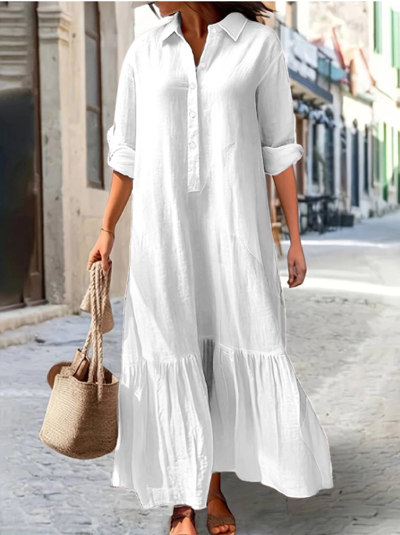 Button Henley Loose Long-Sleeved Maxi Dress