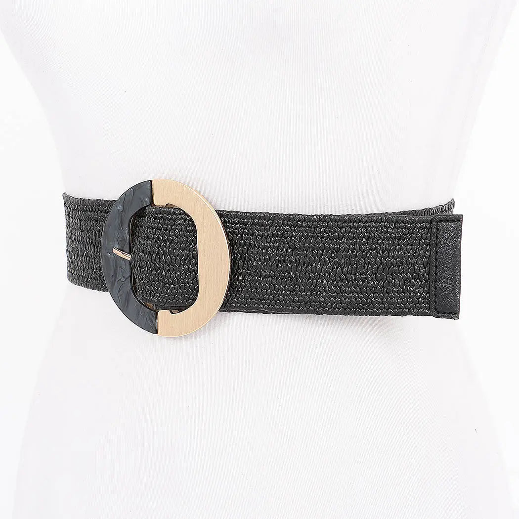 Faux Straw Marble Metal Buckle Stretch Belt