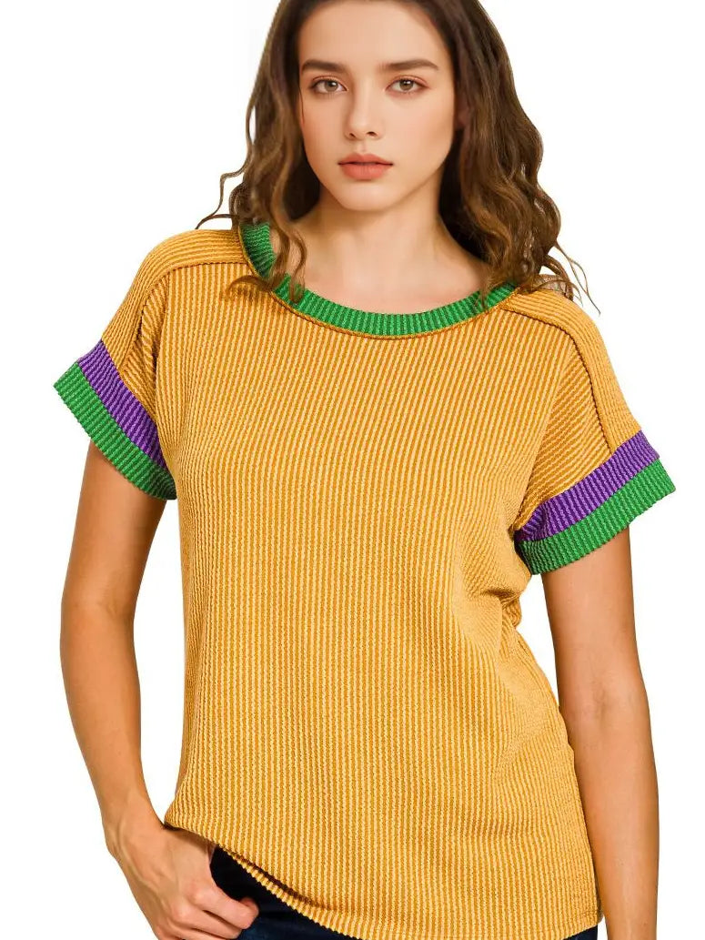 Mardi Gras Raised Rib Contrast Trim Top