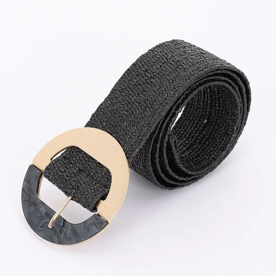 Faux Straw Marble Metal Buckle Stretch Belt