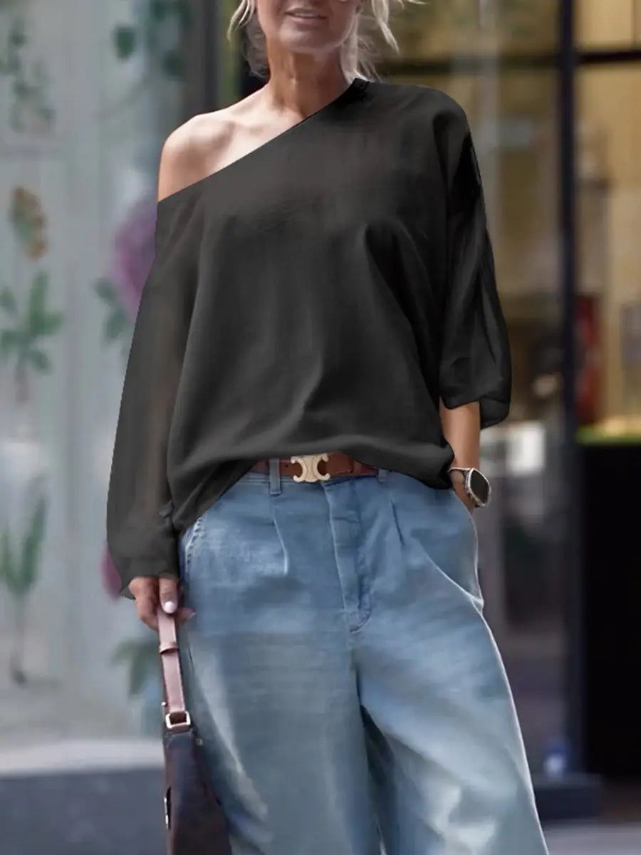 Long Sleeves Loose Solid Color Cold-Shoulder T-Shirt
