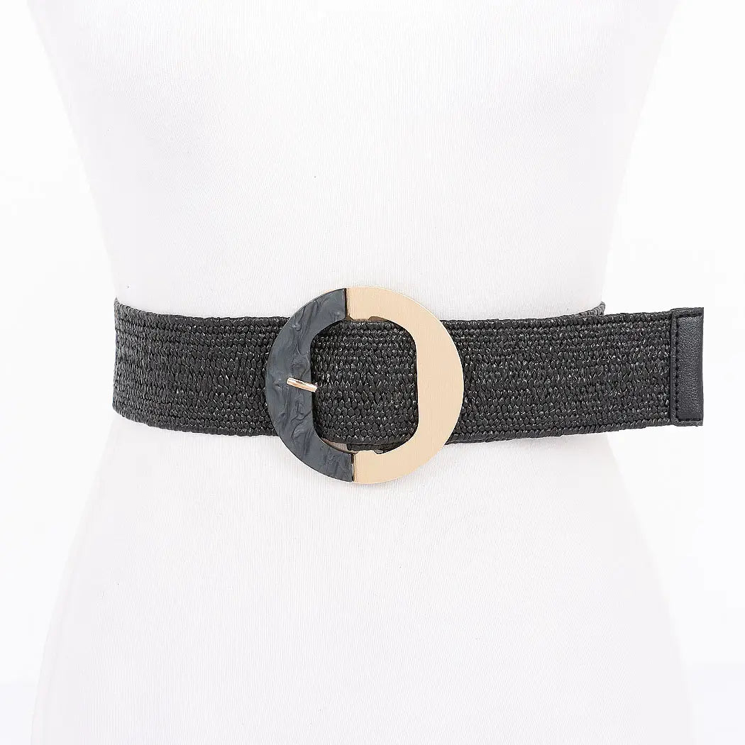Faux Straw Marble Metal Buckle Stretch Belt
