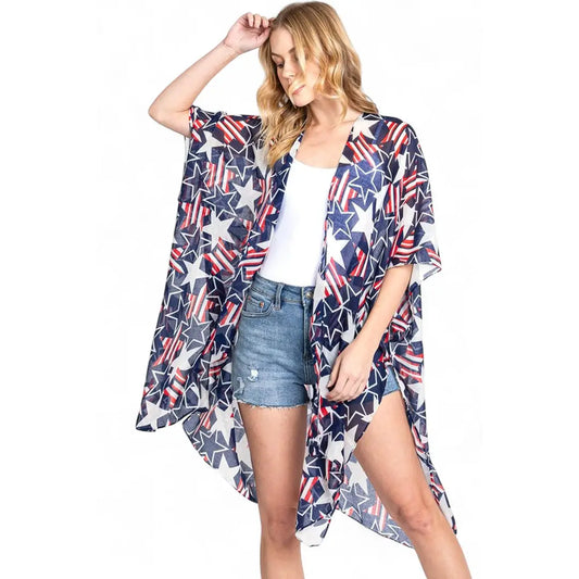 American Flag Mix Printed Light Weight Kimono